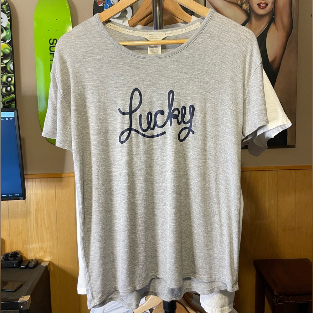 Lucky Brand Womens TShirt Small Gray Stretch Script Round Neck Short SleeveLucky